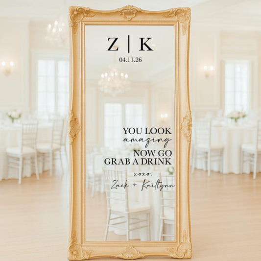 Wedding Mirror Decal, Custom Vinyl Wedding Sign, Personalized Grab a Drink Sign
