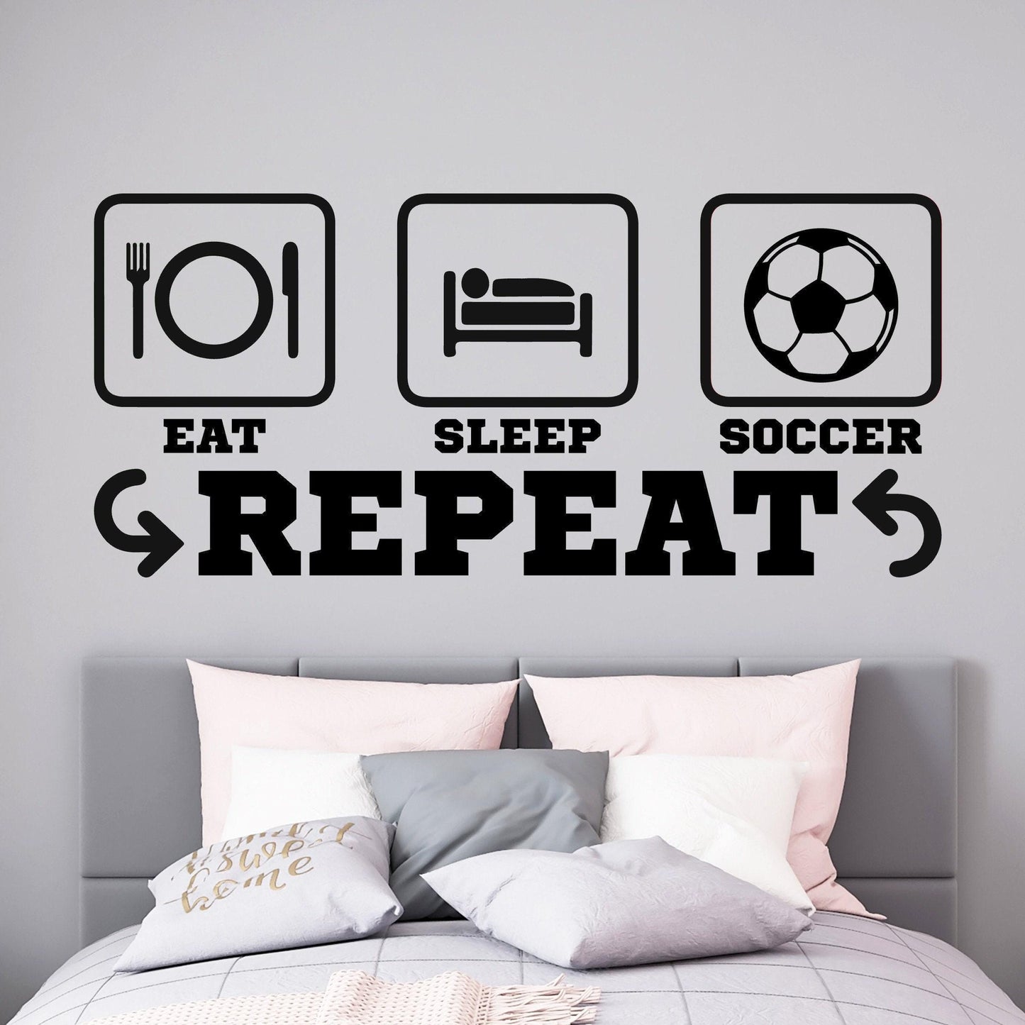 Soccer Wall Decal, Eat Sleep Soccer Repeat Vinyl Sticker for Boys or Girls Room Decor