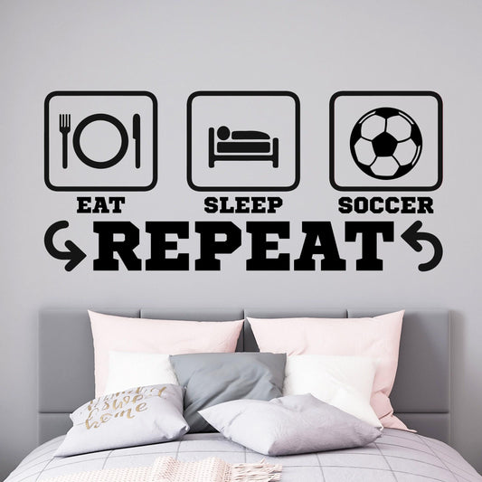 Soccer Wall Decal, Eat Sleep Soccer Repeat Vinyl Sticker for Boys or Girls Room Decor
