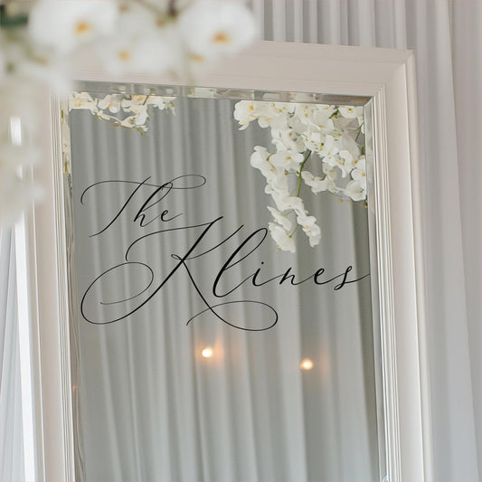 Custom Wedding Mirror Decal, Elegant Last Name Vinyl Sticker, Removable Matte Finish