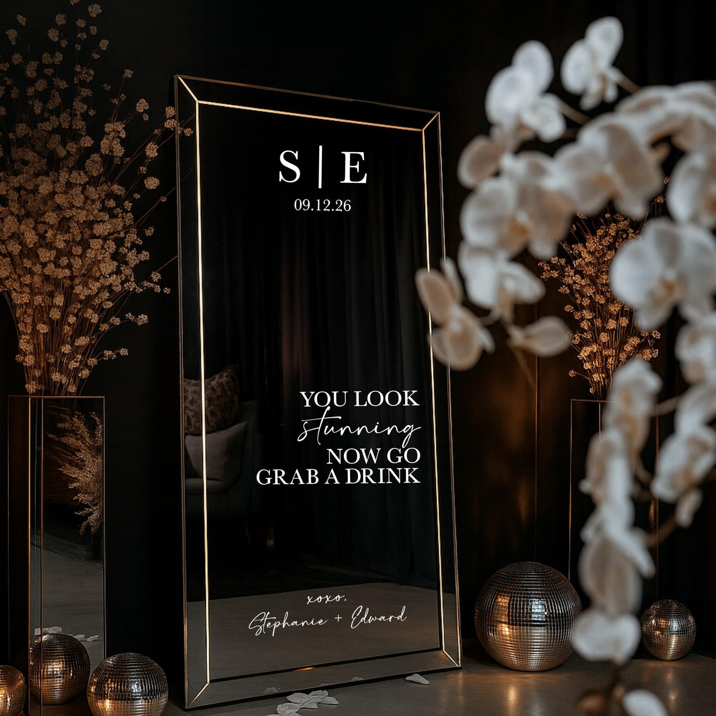 Wedding Mirror Decal, Elegant Vinyl Wedding Selfie Sign, Grab a Drink for Cocktail Hour