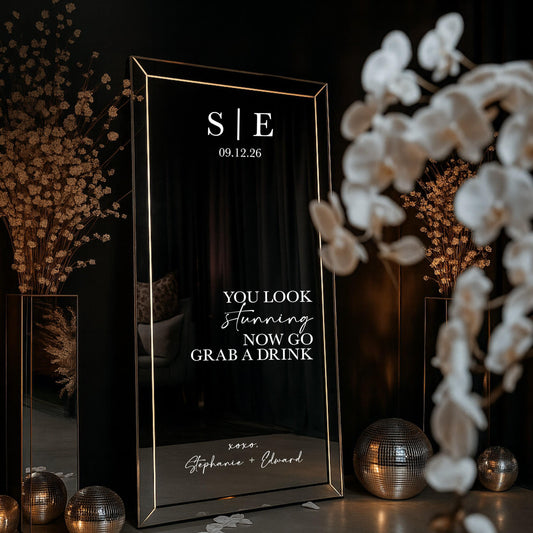 Wedding Mirror Decal, Elegant Vinyl Wedding Selfie Sign, Grab a Drink for Cocktail Hour