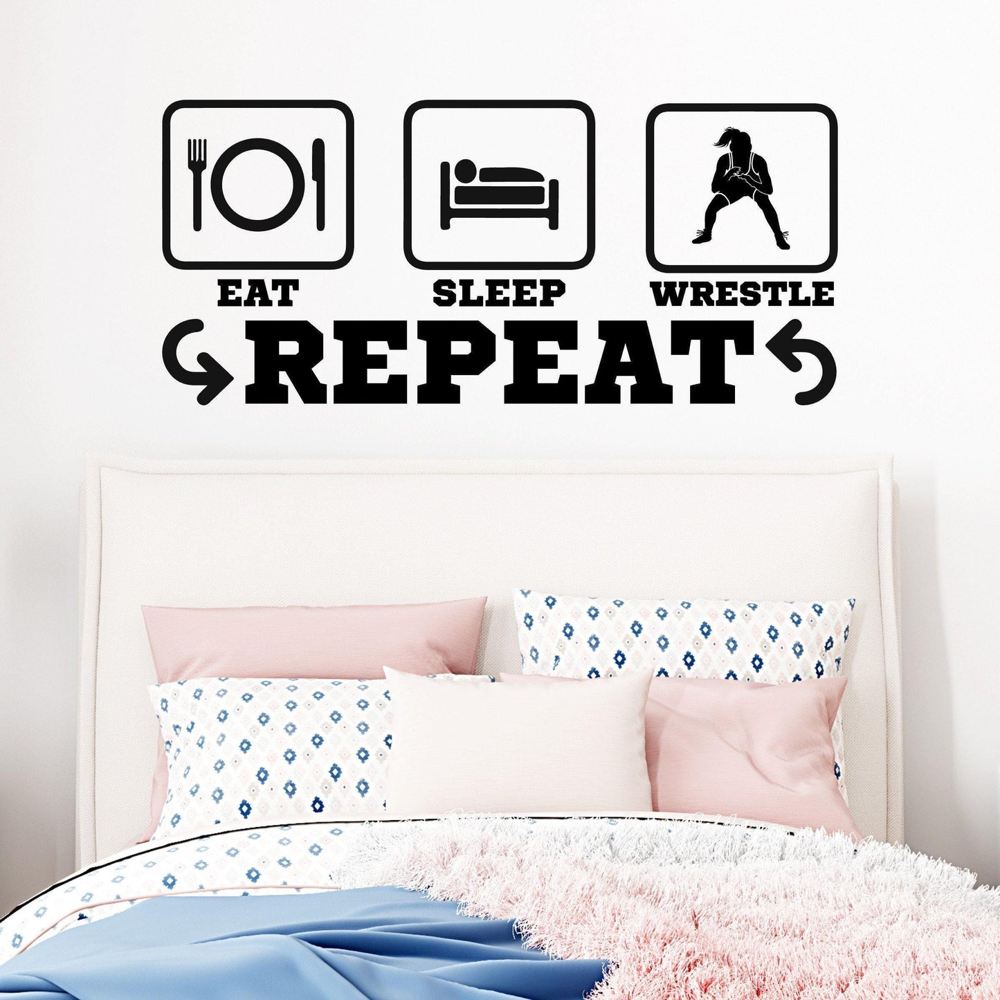 Girls Wrestling Wall Decal – Eat Sleep Wrestle Repeat Vinyl Sticker for Tween Girl Bedroom