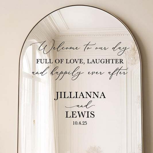 Wedding Mirror Decal, Happily Ever After, Personalized Welcome Sign
