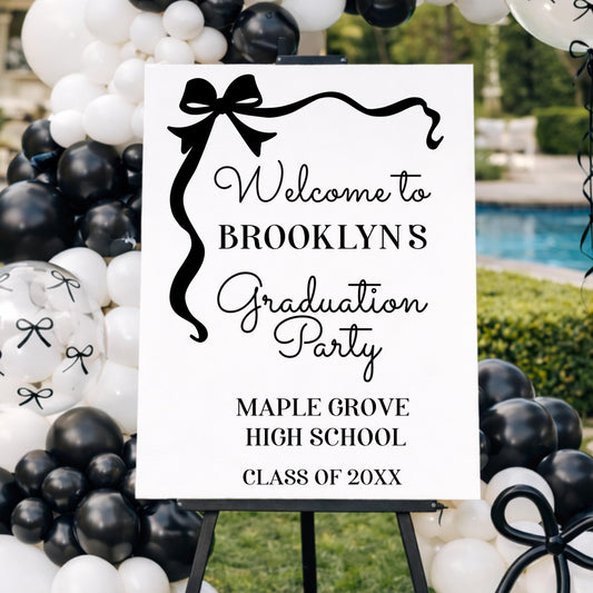 Graduation Welcome Sign, Personalized Black Bow Vinyl Decal, Custom Croquette Grad Party Decor