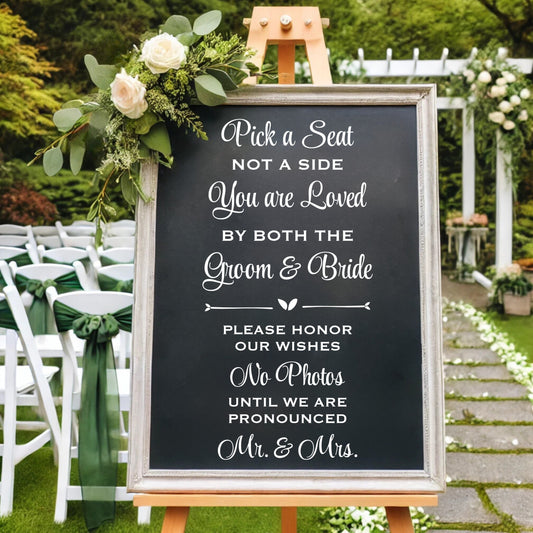 Pick a Seat, No Photos Wedding Vinyl Decal – Custom Ceremony Sign Lettering