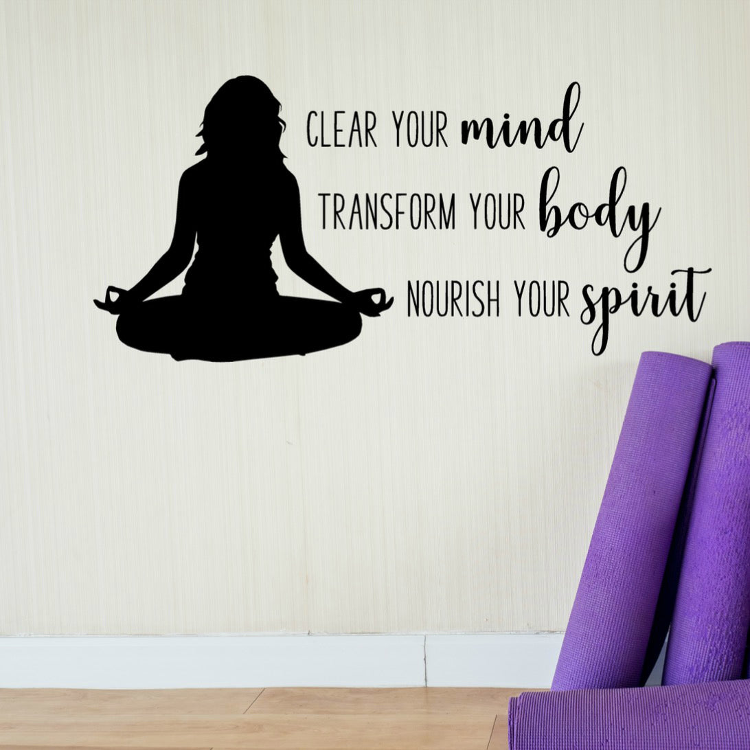 Yoga Wall Vinyl Decal - Clear Your Mind, Body, and Spirit Quote Sticker