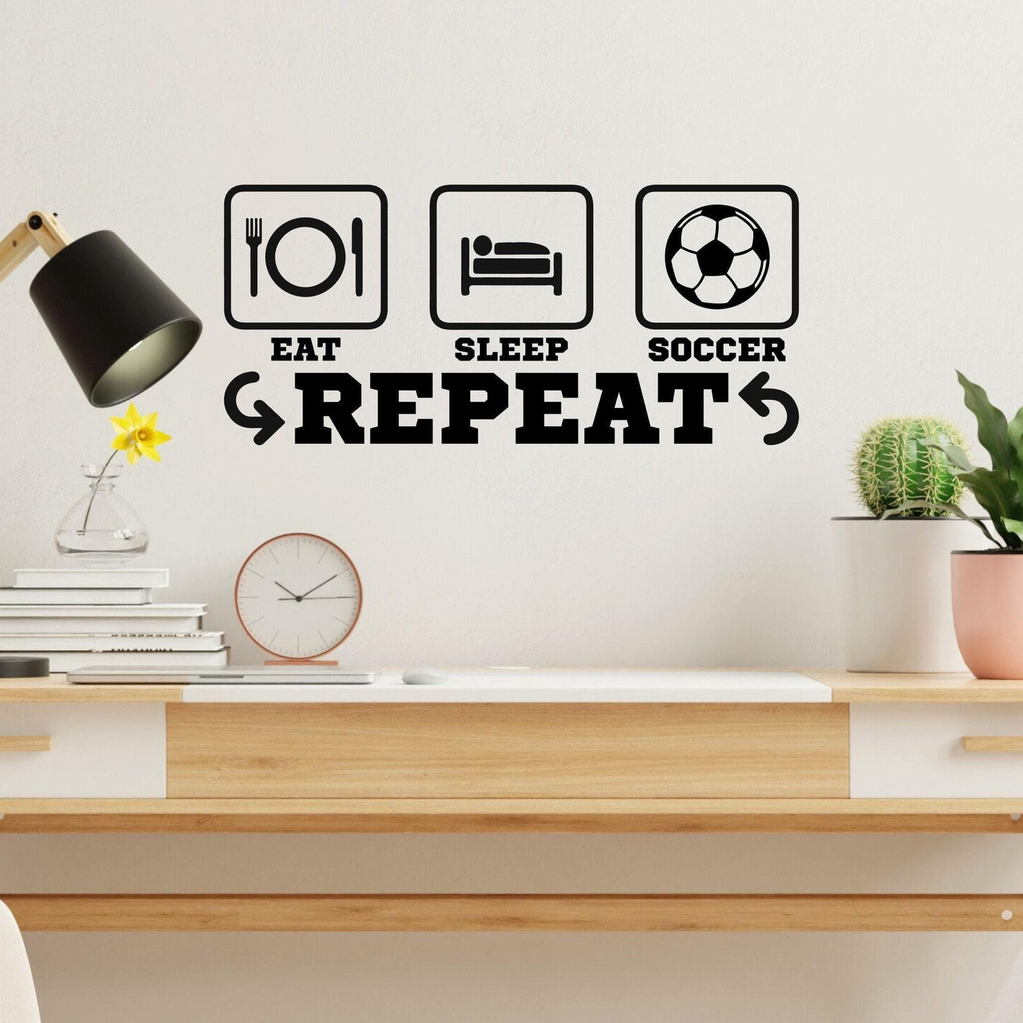 Soccer Wall Decal, Eat Sleep Soccer Repeat Vinyl Sticker for Boys or Girls Room Decor