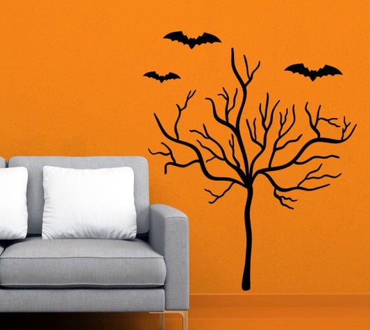 Halloween Wall Decals - Large Spooky Halloween Decor With Bat Wall Stickers & Tree