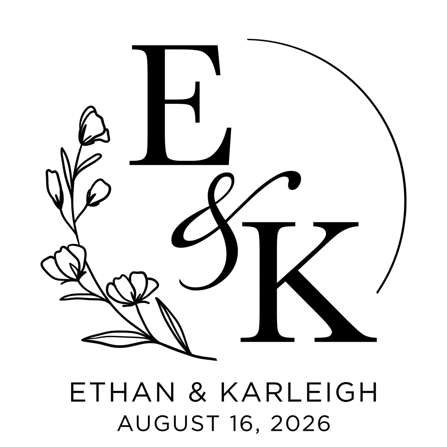 a monogram with the initials 'E&K' surrounded by a floral design. Below the monogram, the text reads "Ethan & Karleigh" and "August 16, 2026".