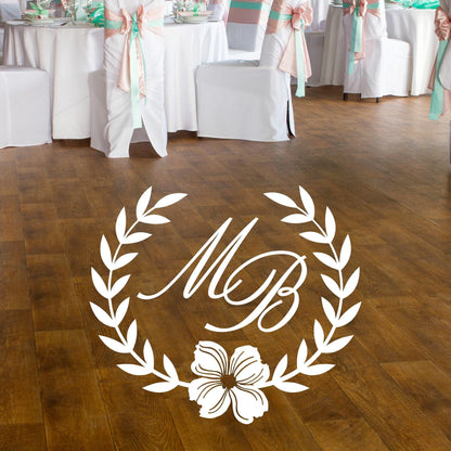 Wedding Floor Decal - Custom Vinyl Monogram With Laurel Wreath & Dogwood Flower