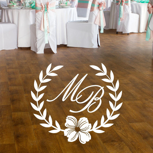 Wedding Floor Decal - Custom Vinyl Monogram With Laurel Wreath & Dogwood Flower