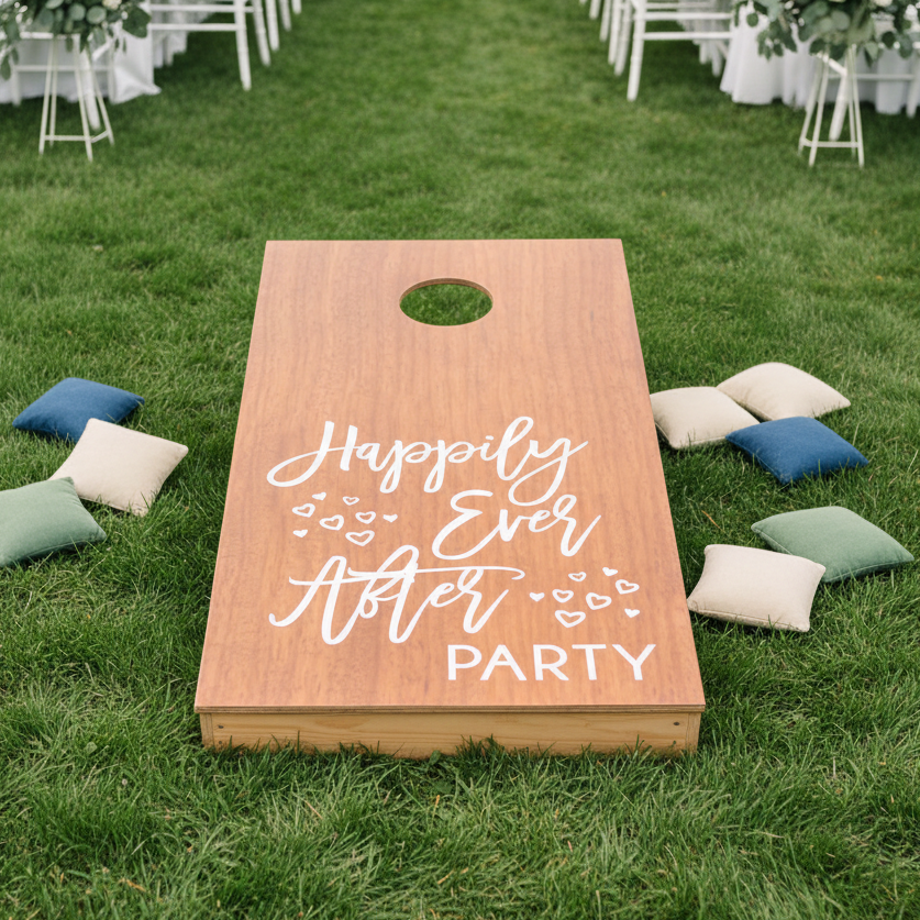 Happily Ever After Party Cornhole Board Aerial View