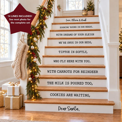 Personalized Dear Santa Christmas stair decals on white stair risers