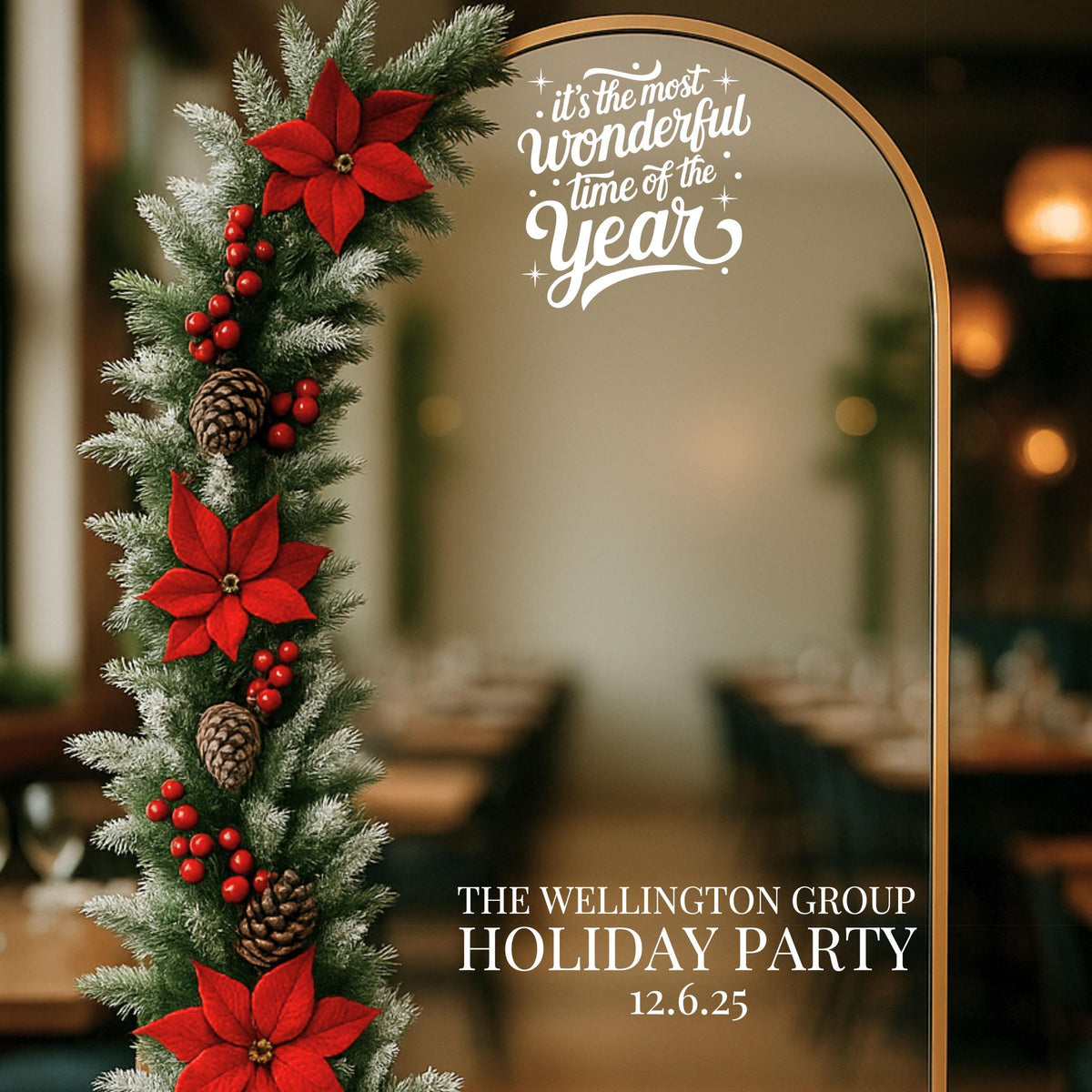 It's the Most Wonderful Time of the Year Christmas mirror decal with custom holiday party name and date