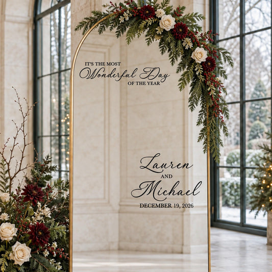 Personalized Christmas wedding mirror decal with names and date