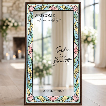Personalized wedding welcome mirror decal with names and date