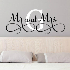 Mr And Mrs with Monogrammed Initial Elegant Vinyl Wall Decal